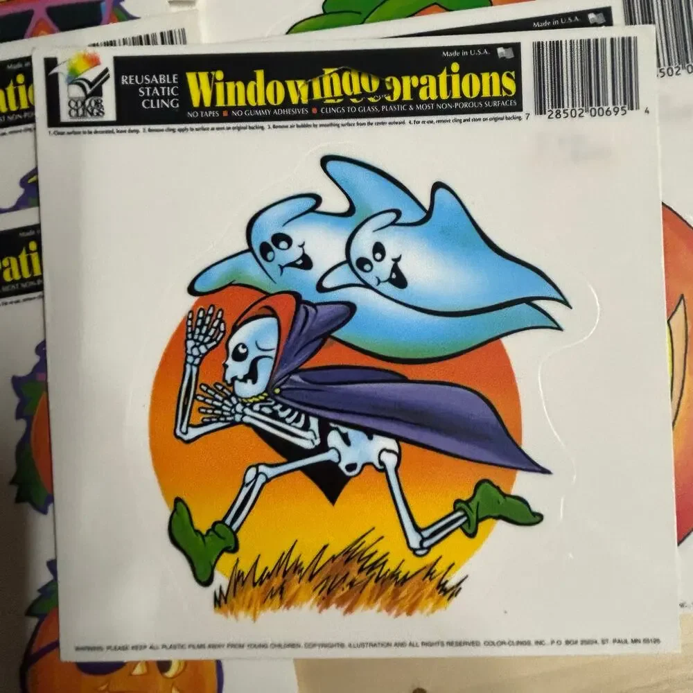 16 Color Clings Vtg Halloween Reusable Window Stickers Pumpkins Ghost Black Cat